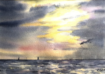 Lucia Sokol, "Sunset, Napatree Point", watercolor, $425