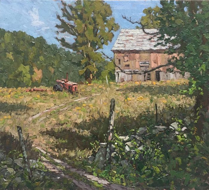 Laurino_Jim_BarnandTractor-SouthKent_oil_18x18_2200
