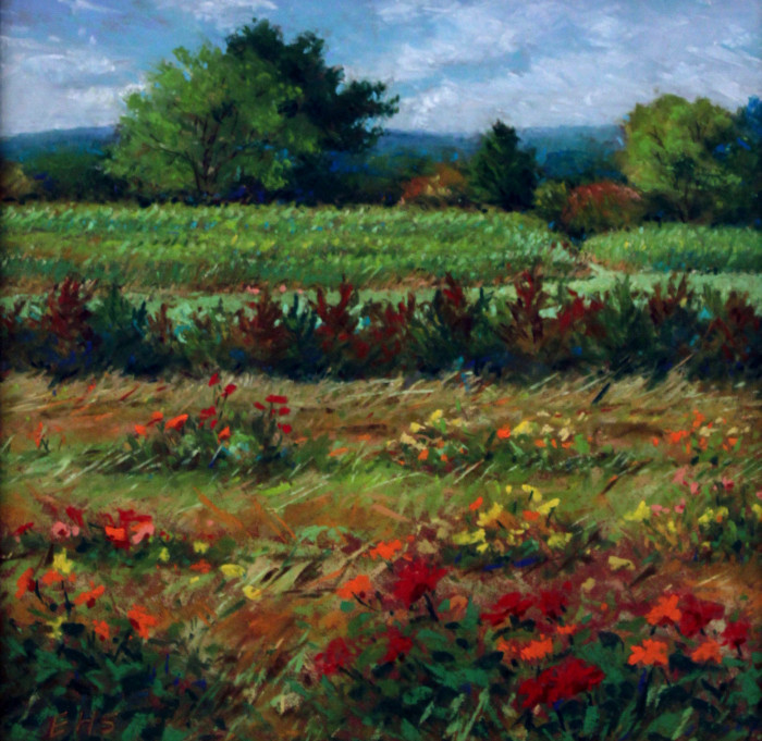 Scott, Elizabeth Hunat, "Zinnias at Lockwood Farm", Pastel, $600