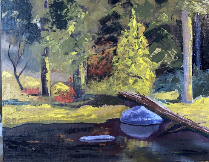 Peters, Pam, "Meadow Woods Pond Woodja", Oil, $450