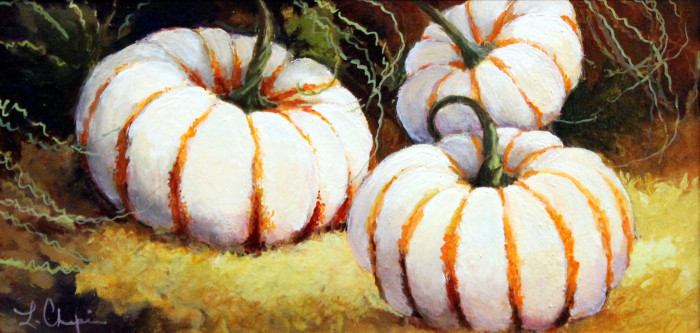 Lorraine Skelskey Chapin, "Striped Pumpkins on the Vine", oil, $585, 8x16