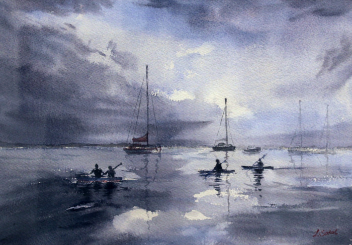 Lucia Sokol, "Stonington Harbor in Twilight", watercolor, $450, 10x14
