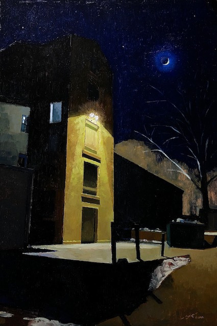Polly Seip, "Crescent Moon over Uncasville", oil on panel,24x16, $4,000