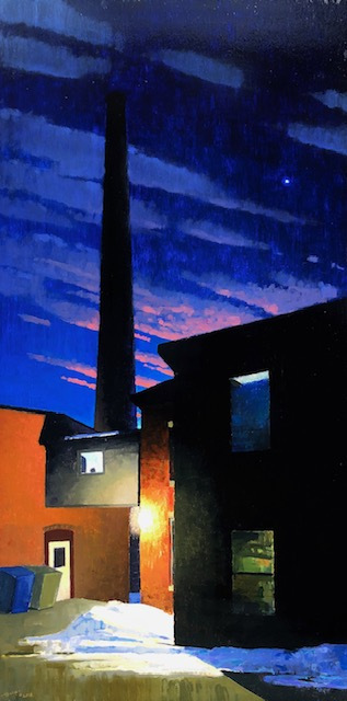 Polly Seip, "Working Overtime, oil on panel, 40x20, $5,200