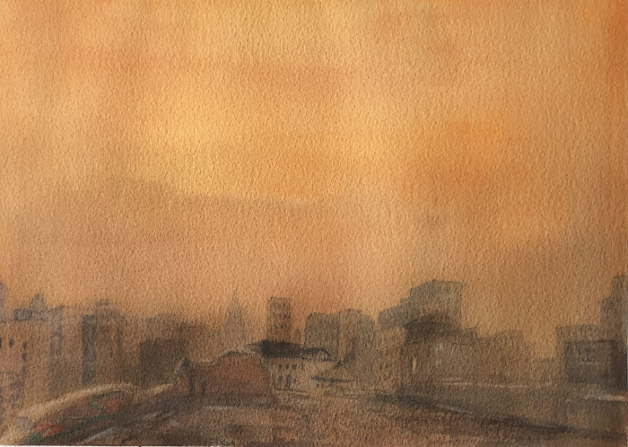 Lucia Sokol, "Smoky Haze Envelopes NYC Skies", Watercolor, $500