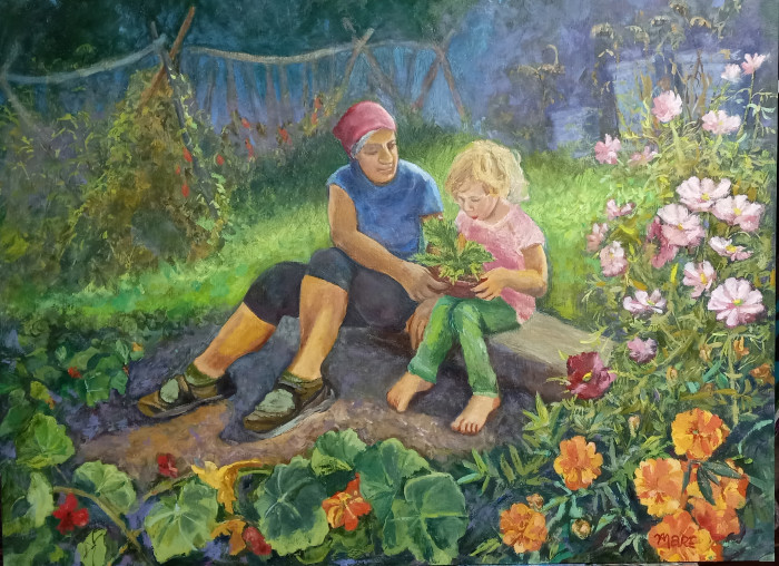 Mary Noonan, "In Grandma's Garden", Oil, $200