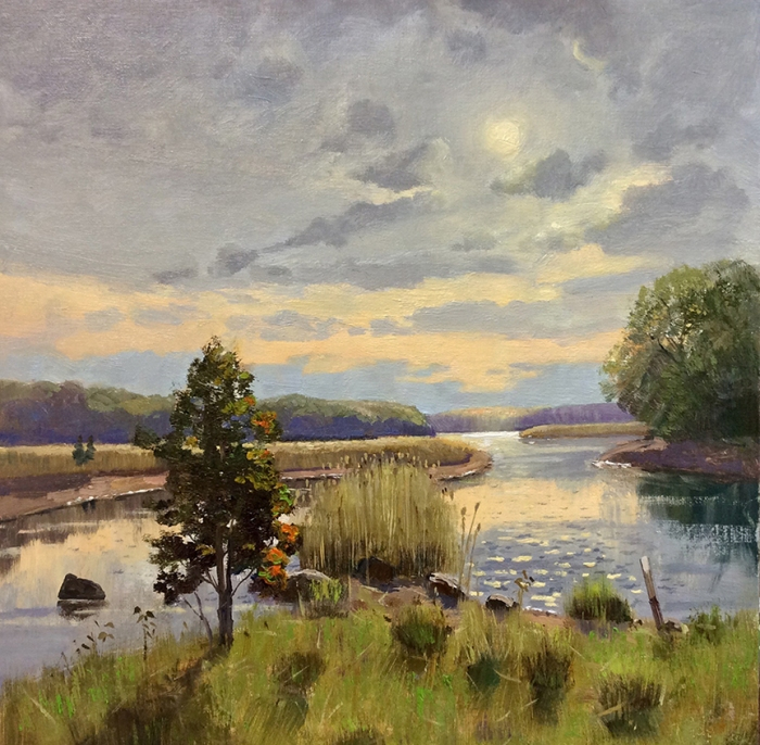 Thomas Adkins, "Madison River Cedar", oil, 12x12, $1,800