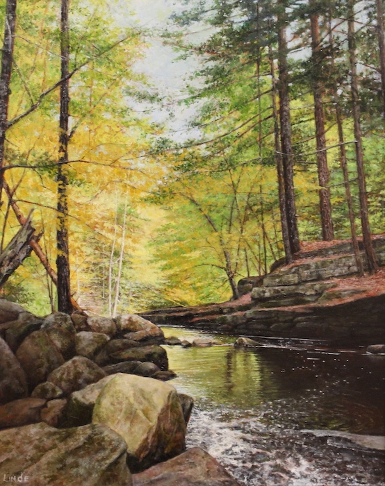 Stephen Linde, "Woodland Stream", oil, $1,800