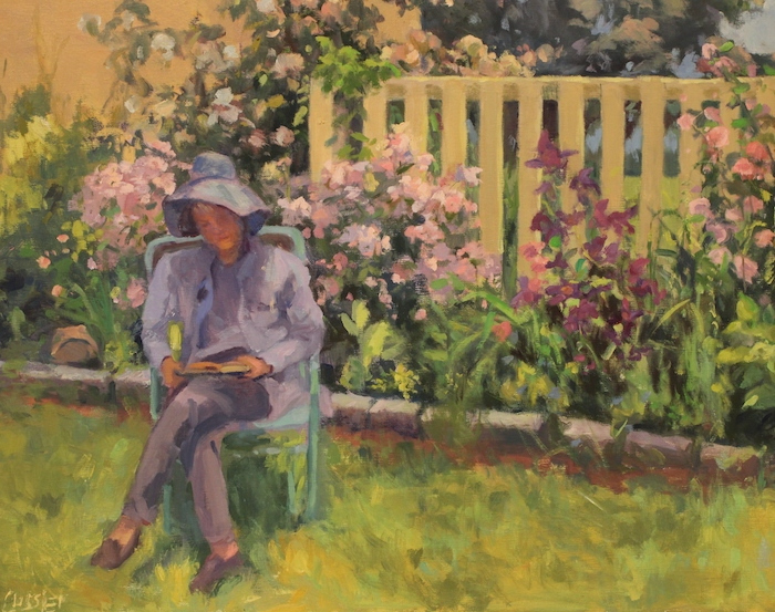 Barbara Lussier, "Reading in the Garden", oil, $2,400