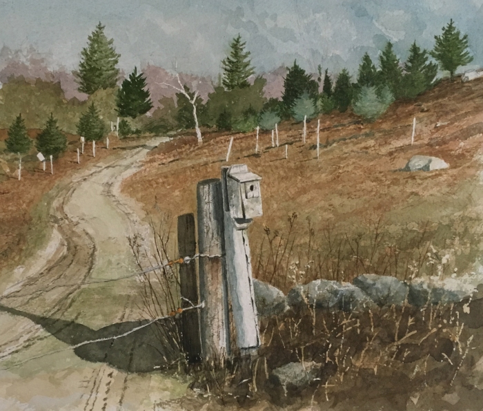 Bob Perkowski, "Tree Farm Nesting Box", watercolor, $950