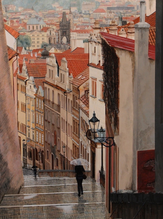 Len Swec, "On the Castle Stairway", acrylic, $3,200