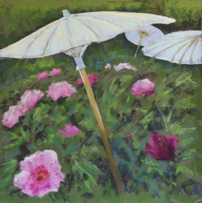 Jane Penfield, "Peony Parasols", pastel, $900