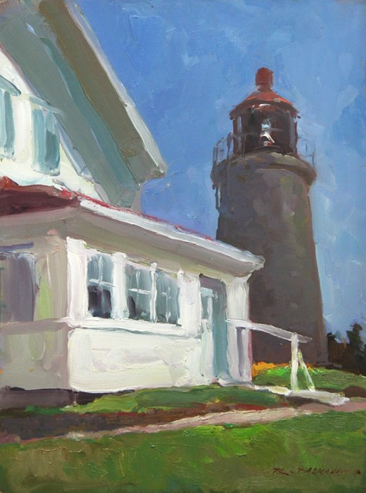Rick Daskam, "Monhegan Museum and Lighthouse", oil, 12x9, $950