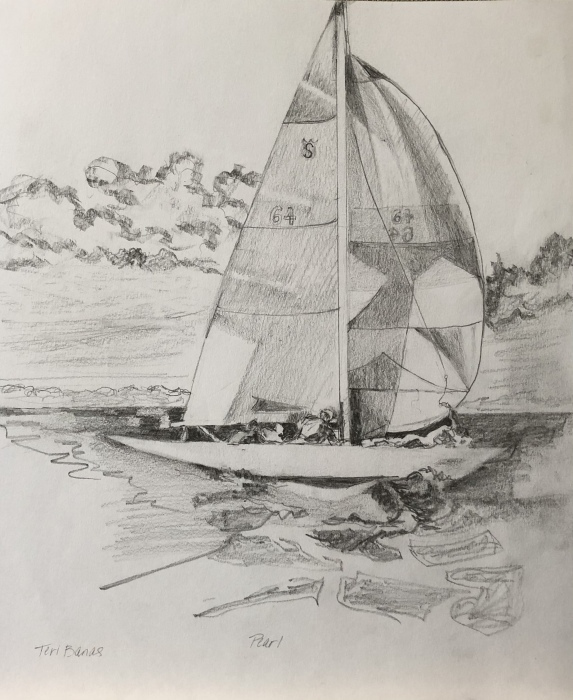 Teri Banas, "Shields Fleet 19; Pearl off Mason’s Island", graphite, 15x13, $500