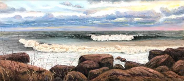 Steve Brunetti, "Sunrise Surf", pastel, 7.5x17.5, $900