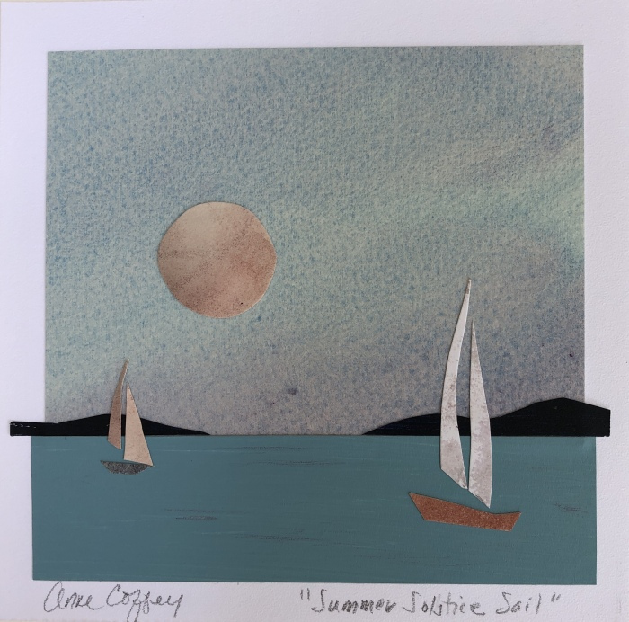 Ann Coffey, "Summer Solstice Sail", painted paper collage, 5.5x5.5, $150