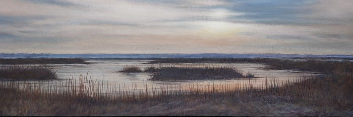 Chandler Davis, "Twilight at Audubon salt marsh", acrylic, 12x36, $1,200