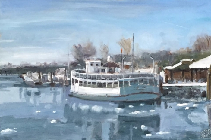 Jean-Pierre Jacquet, "Frozen Ferry", oil, 16x11, $900