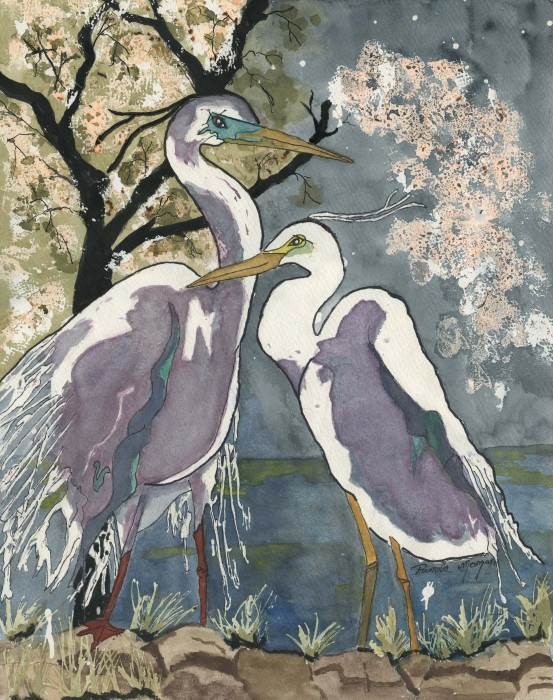 Pamela Morgan, "Two Egrets by The Sea", watercolor, 17x14, $650