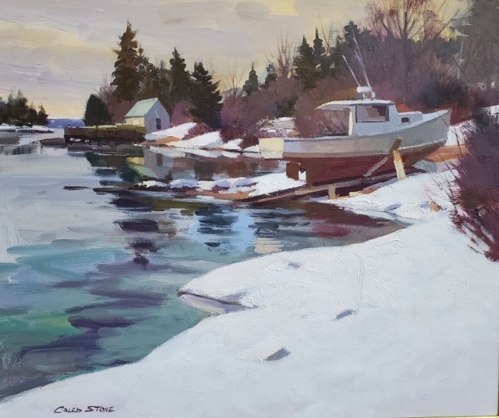 Caleb Stone, "Winter Dry Dock, Burnt Cove", oil, 20x24, $4,200