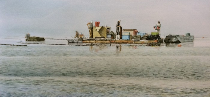 Steven Wells, "Oyster Morning", watercolor, 13x25, $3,000