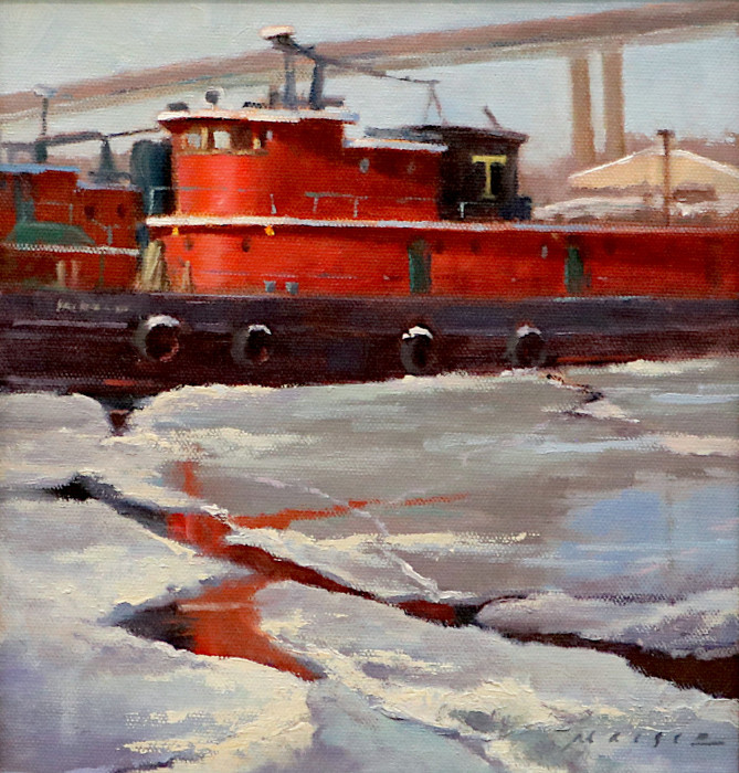 Barbara Maiser, "Thames Tugs in Winter", oil, $950
