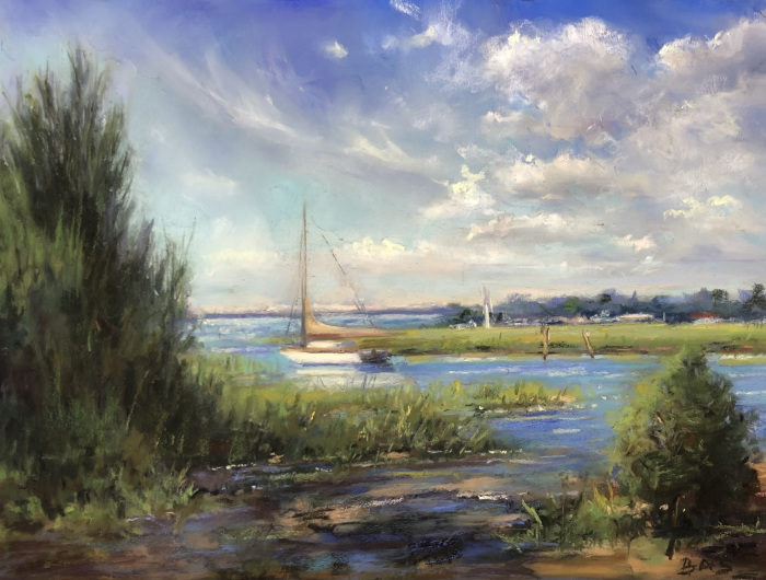 Beverly Schirmeier, "Mooring Old Lyme", pastel, $875
