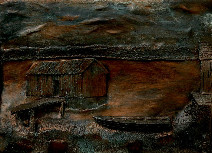 Joseph Soares, "Old Lyme Boat Landing ", plaster relief, $325