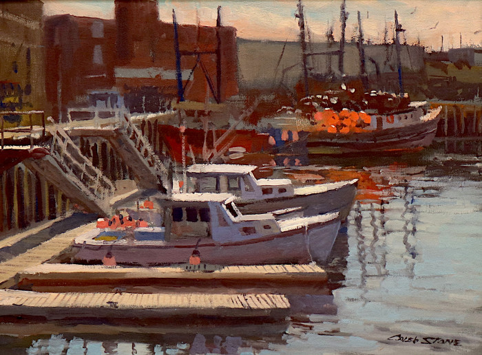 Caleb Stone, "Along the Docks, Gloucester", oil, $1,600