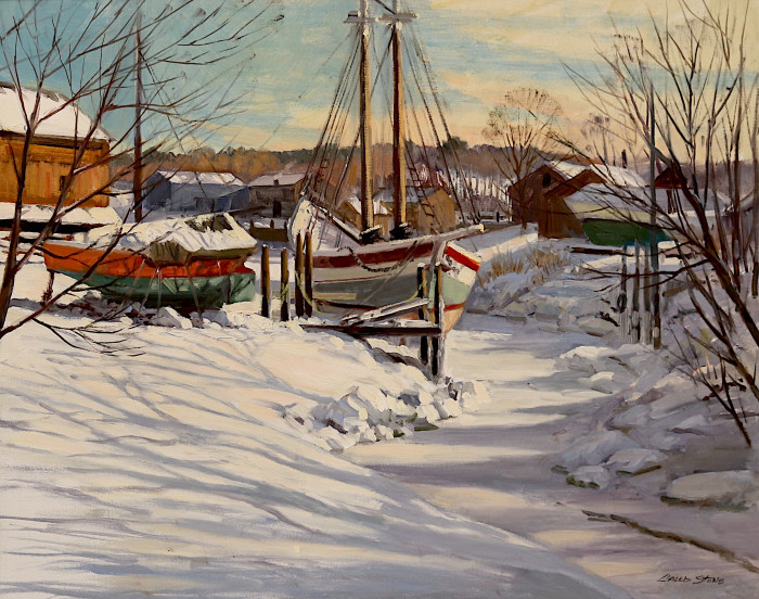 Caleb Stone, "Winter Morning Essex Boat Yard", oil, $7,000