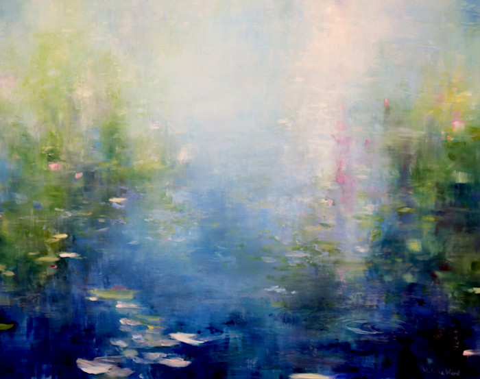 Melanie Ward, "Lilies and Pond Reflection", oil on aluminum, $1,400
