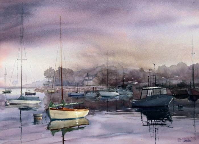Loescher Paul  Lifting Fog at Watch Hill Harbor Watercolor 2200
