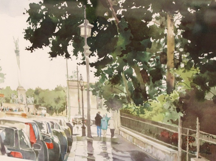 Mike Eagle	, 	Rainy Afternoon in Budapest	, 	watercolor	,	$300
