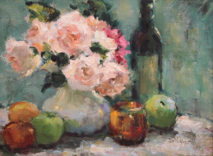 Marcia Phillips	, 	Roses Fruit & Copper Cups	, 	oil	,	$1,100