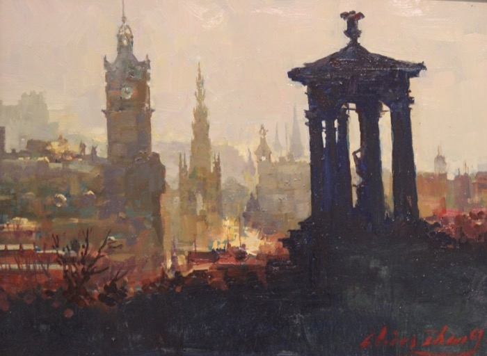 Christopher Zhang	, 	Edinbrough Morning	, 	oil	,	$2,500