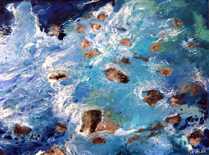 Andria Alex, "Rocky Coast", oil on aluminum, $875