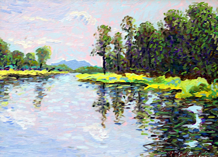Robert Louis Del Russo, "Raquette River, Long Lake, NY", oil, $800