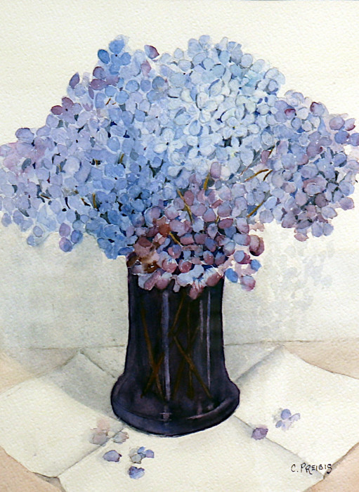 Cora Preibis, "Last Summer's Hydrangeas", watercolor, $350