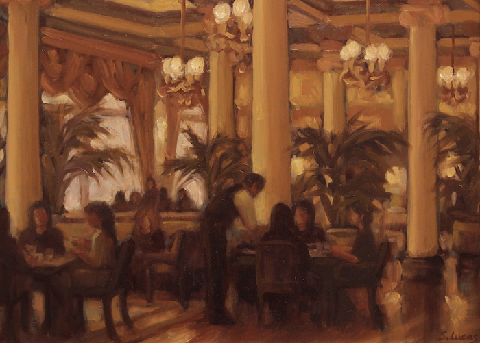 Sarah Stifler Lucas, "High Tea at the Empress Hotel", oil, $1,500