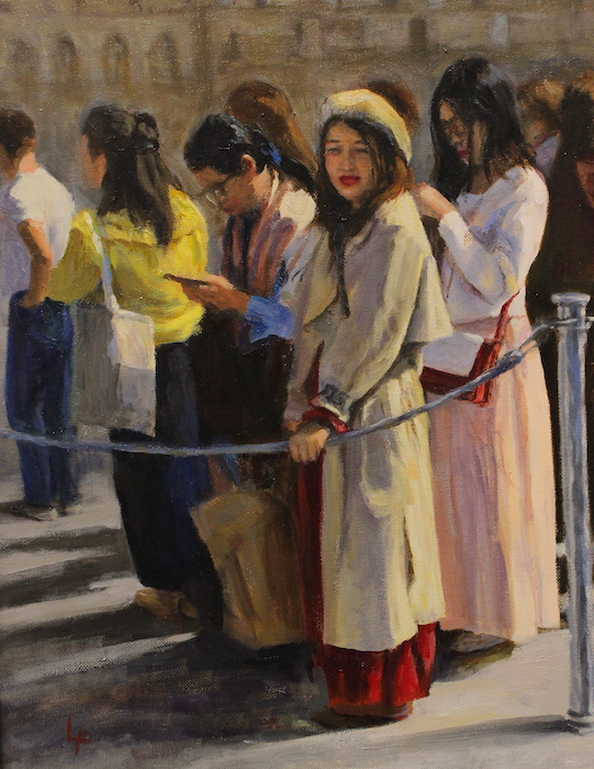 Laurie Pribble, "On Line at the Louvre", oil, $1,800