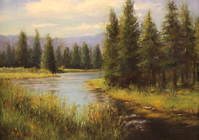Beverly Schirmeier, "Riverside Big Horn Mountains", pastel, $595