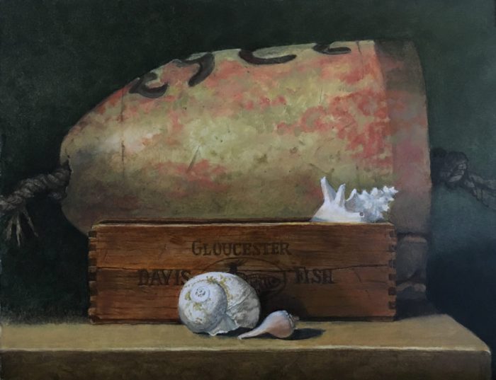Perkowski_Bob_Lobster-Buoy-with-Seashells_oil_10x13_2200