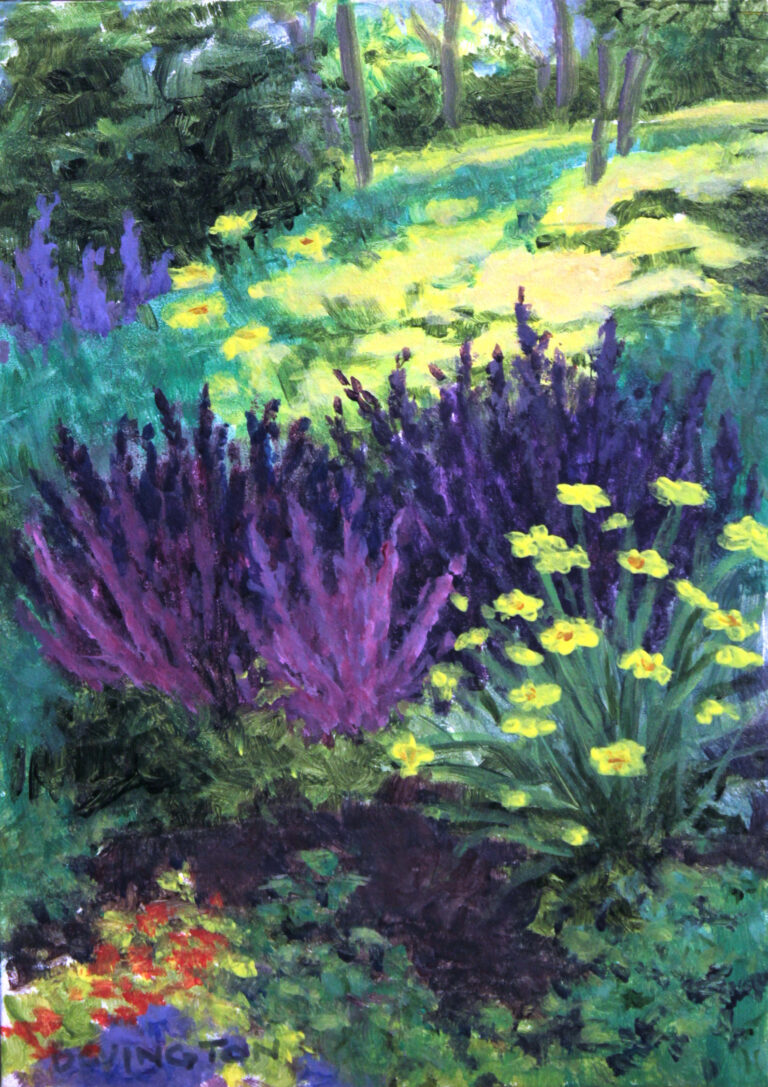 Phyllis Bevington, Field of Yellow and Purple Wild Flowers, oil, 5x7