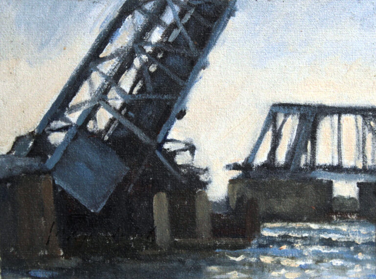 Jack Broderick, "CT River Crossing", oil, 5x7