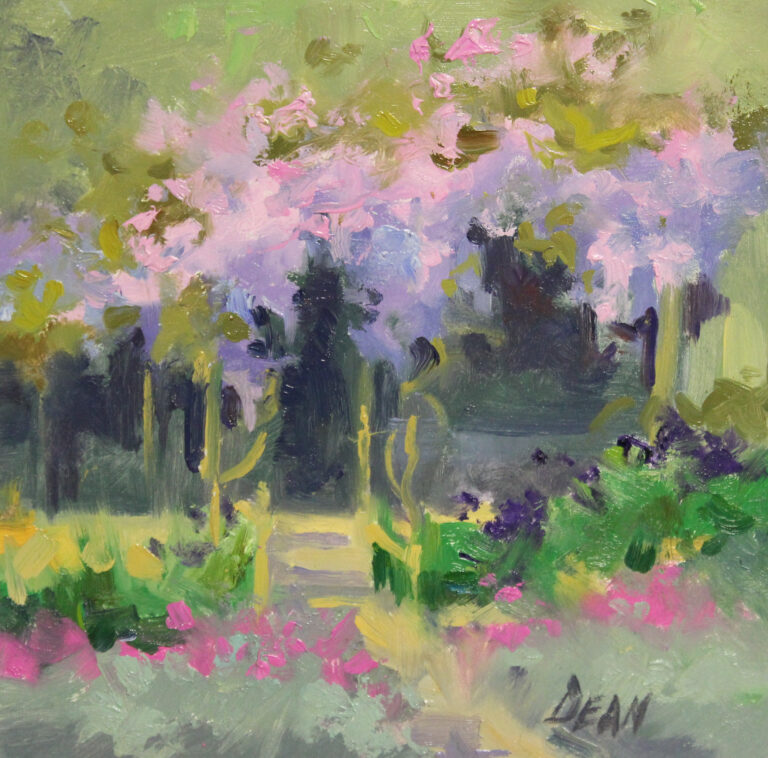 Margaret Dean, colorful pink purple and green garden, oil, 6x6
