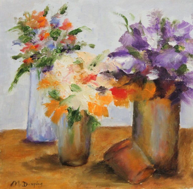 Marilyn Dunphy, Flowers in 3 vases, oil, 6x6