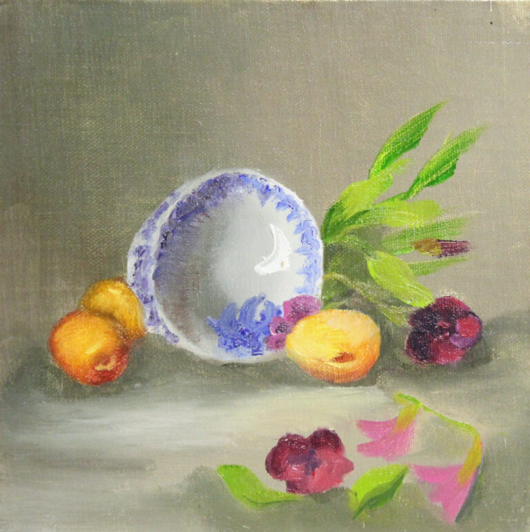 Carol Frieswick, Still life of bowl with fruit and flowers, oil, 6x6