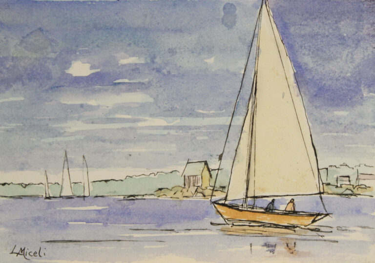 Lisa Miceli, "Afternoon Sail", line & wash watercolor, 5x7