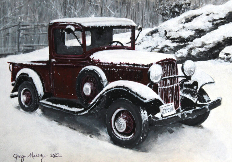 Greg Murry, Red Antique Truck in Snow, acrylic, 5x7