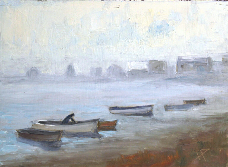 Howard Park, "Foggy Harbor," oil, 5x7